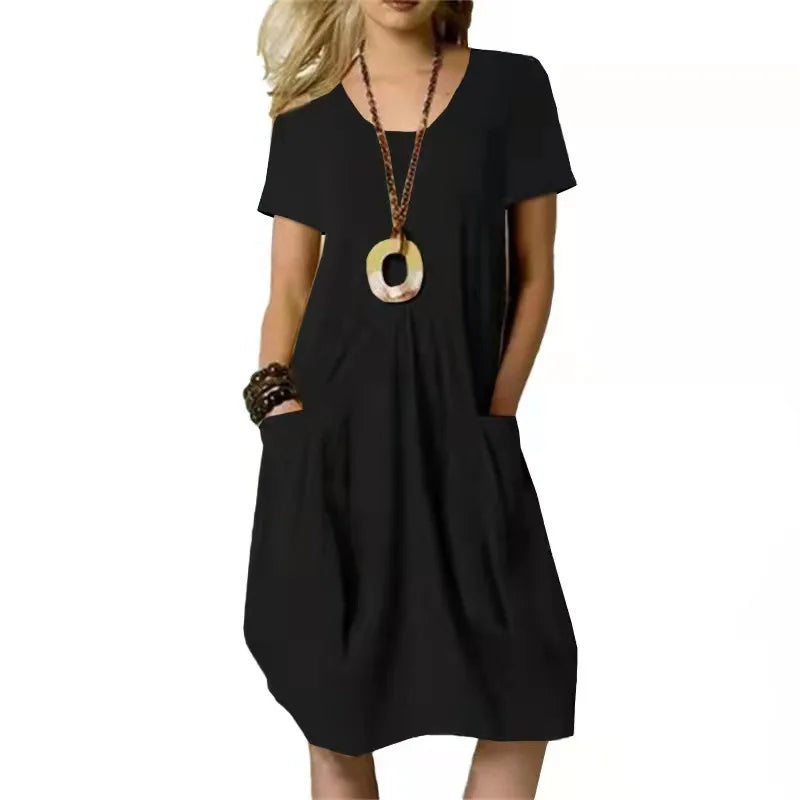 Roundneck Hot Solid Loose Pocket Design Women Midi Dresses