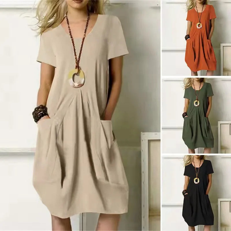 Roundneck Hot Solid Loose Pocket Design Women Midi Dresses
