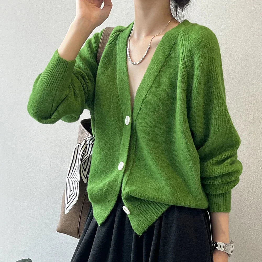 V-Neck Single Button Knitted Green Cape Clothes Autumn Women Sweater