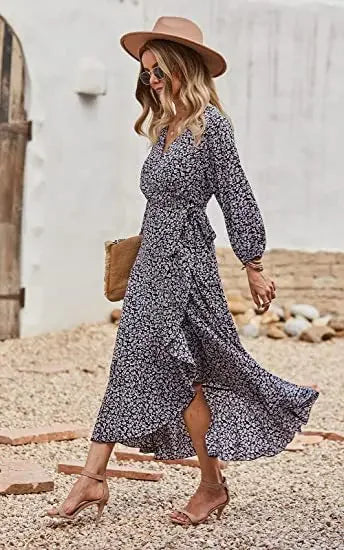 Floral Print Elegant Casual VNeck Sun Midi Dresses