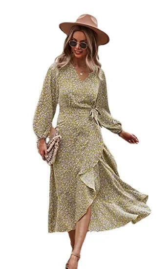 Floral Print Elegant Casual VNeck Sun Midi Dresses