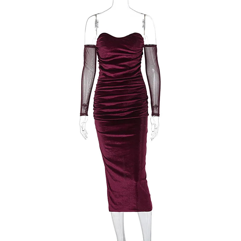 Bodycon Offtheshoulder Velvet Mesh Elegant Y2K Midi Dresses