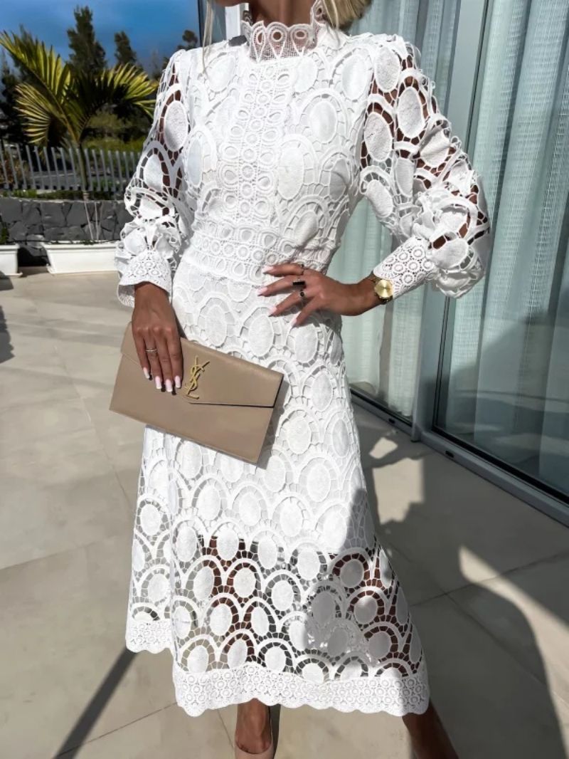 Mock Neck Long Sleeve Crochet Lace Cutout A-Line Midi Dress