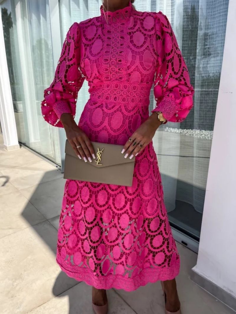 Mock Neck Long Sleeve Crochet Lace Cutout A-Line Midi Dress