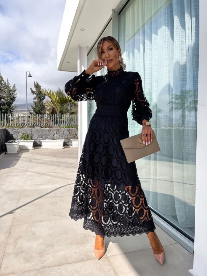 Mock Neck Long Sleeve Crochet Guipure Lace A-Line Midi Dress