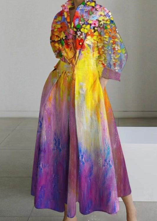 Colorful Printed Peter Pan Collar Pockets Cotton Dress Long Sleeve - Omychic