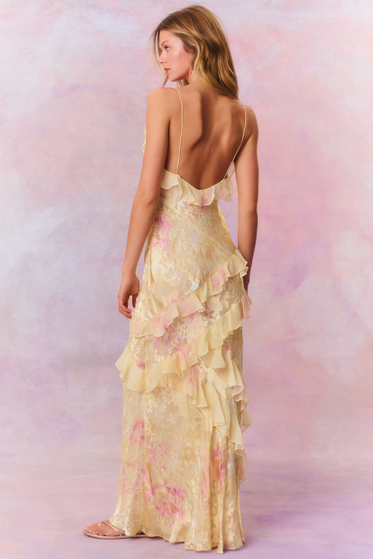 Scoop Neck Floral Chiffon Cascading Ruffle Bias Maxi Dress