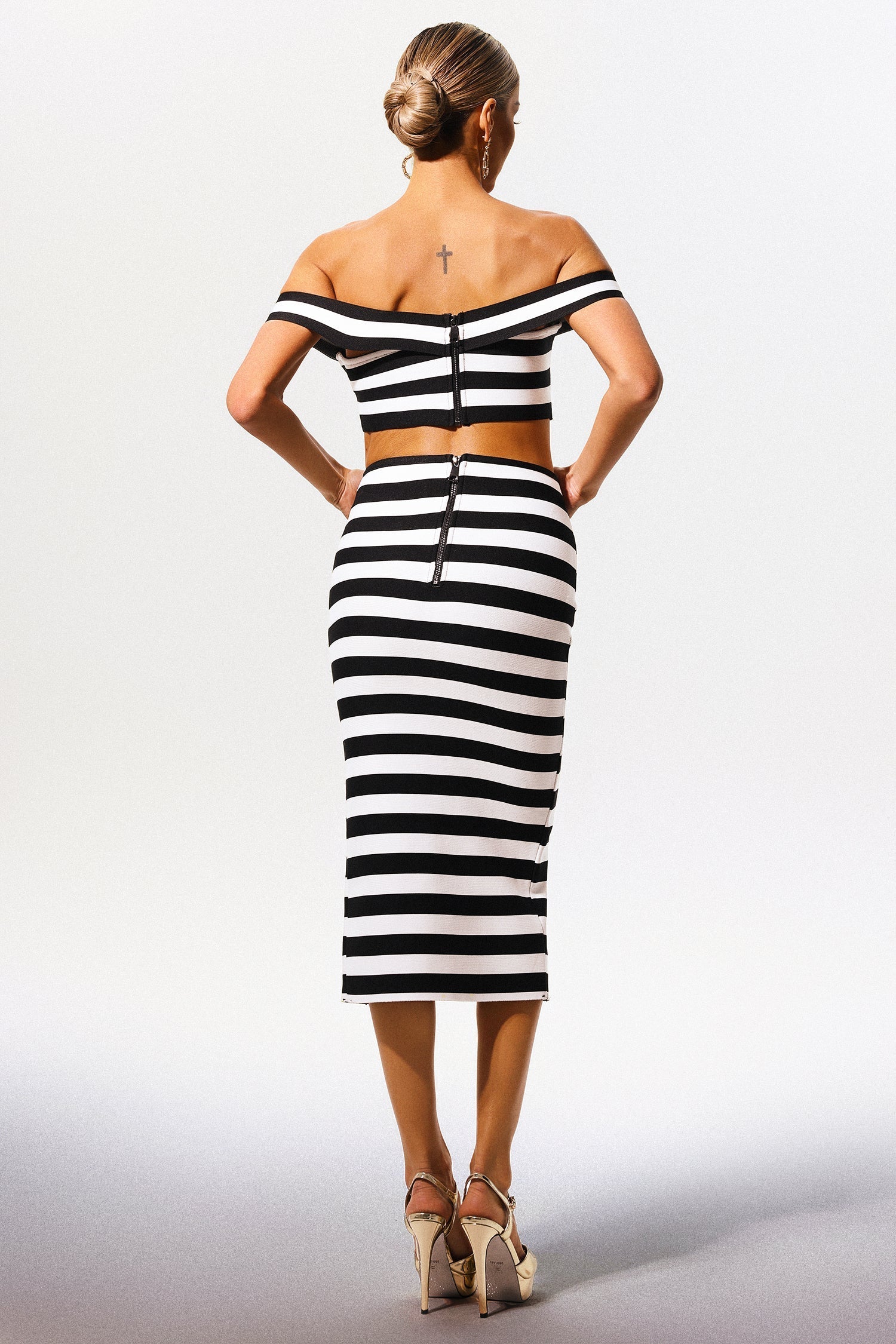 Off-the-Shoulder Hollow Out Slit Bandage Midi Two-Piece Set
