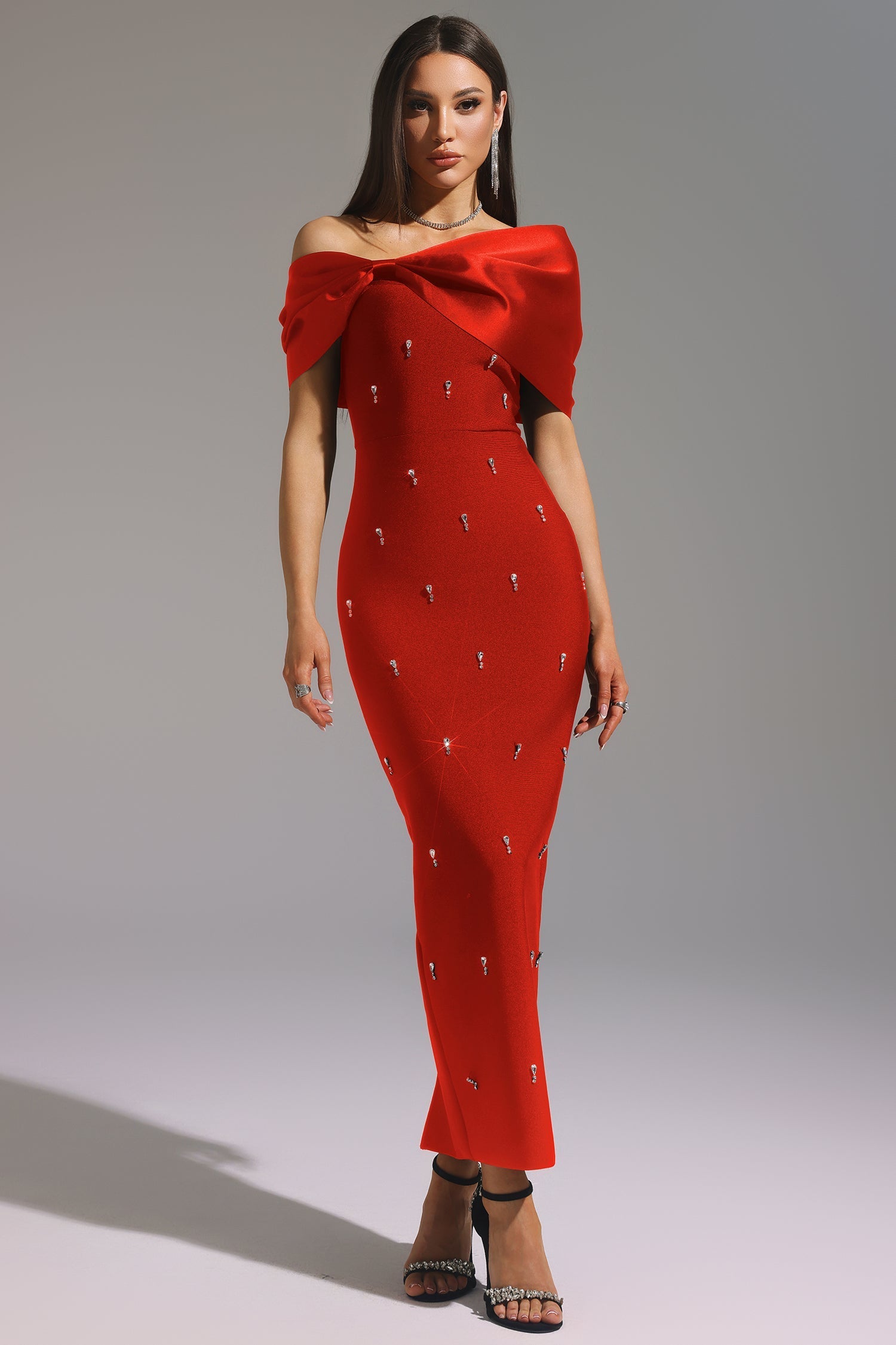 Sleeveless One Shoulder Diamond Bow Bandage Maxi Dress
