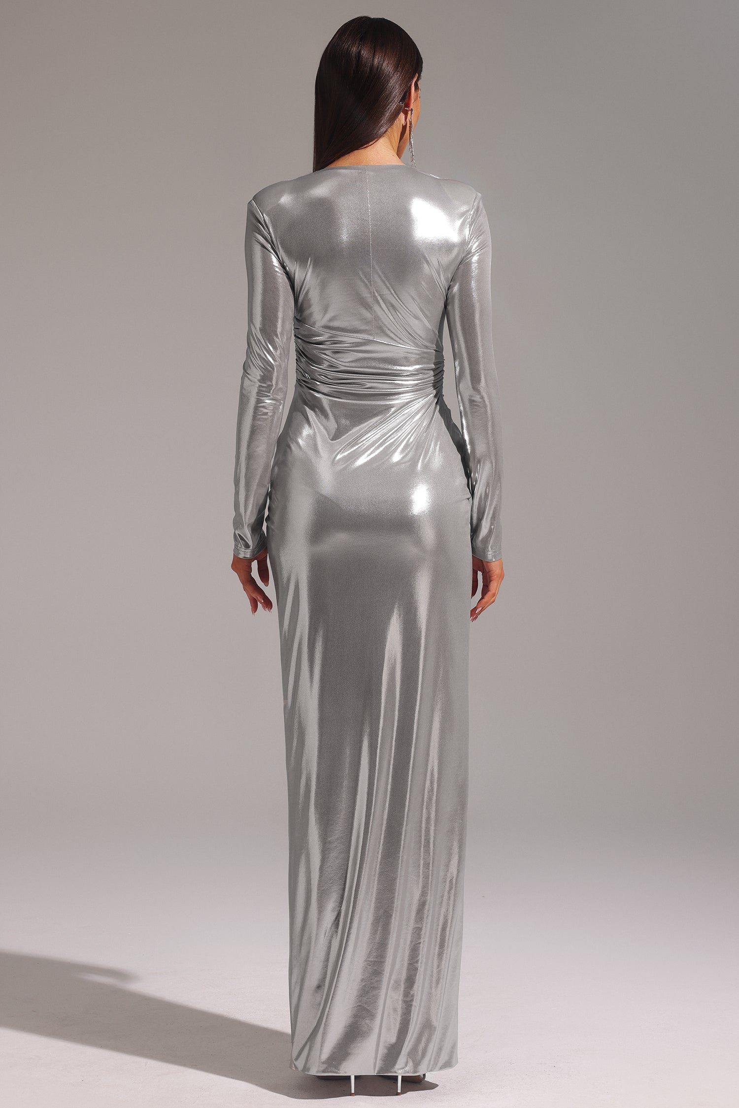 Deep V Long Sleeve Shirr Maxi Dress
