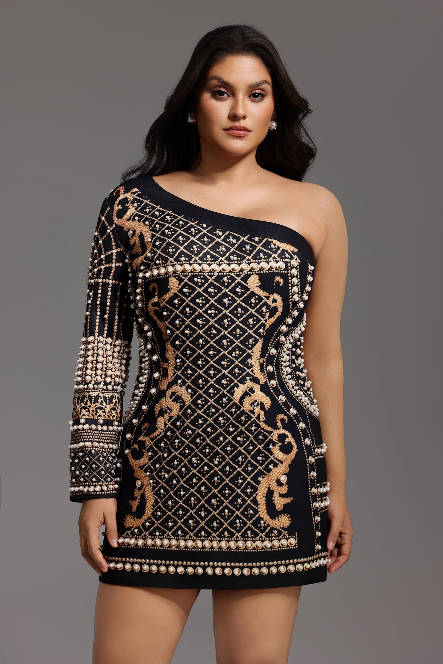 One Shoulder Pearl Mini Dress