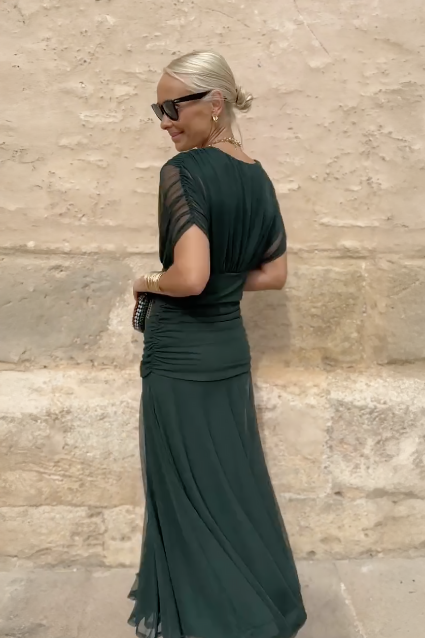 V-Neck Chiffon Ruched Waist Short Sleeve Flowy Maxi Dress