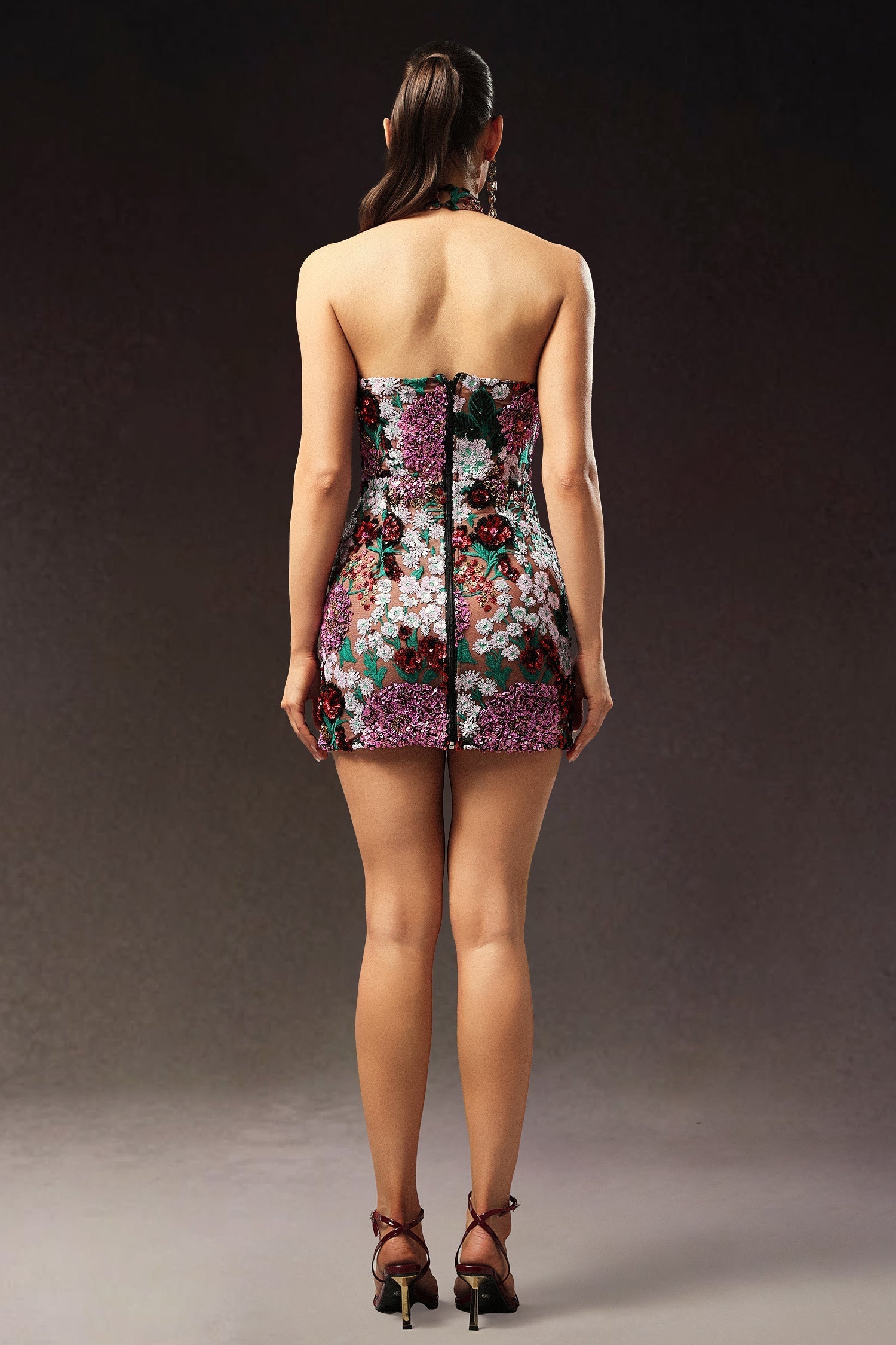 Halter Sleeveless Sequins Flower Mini Dress