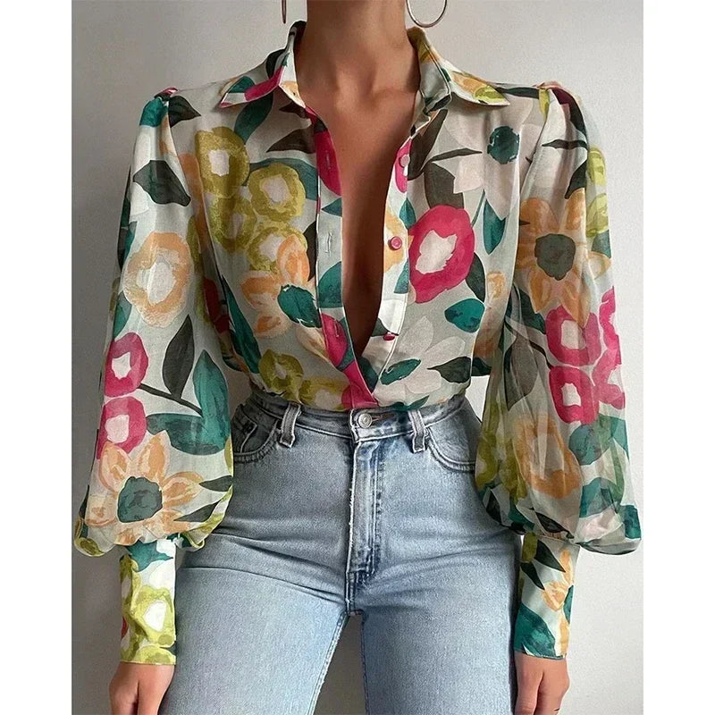 Printed Lantern Sleeve Vintage Floral Button Long Sleeve Blouse
