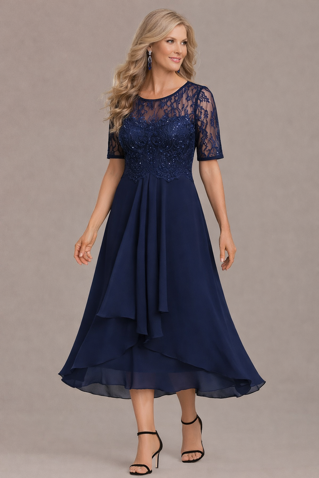 Round Neck Lace Sequin Illusion Sleeve Chiffon A-Line Midi Dress