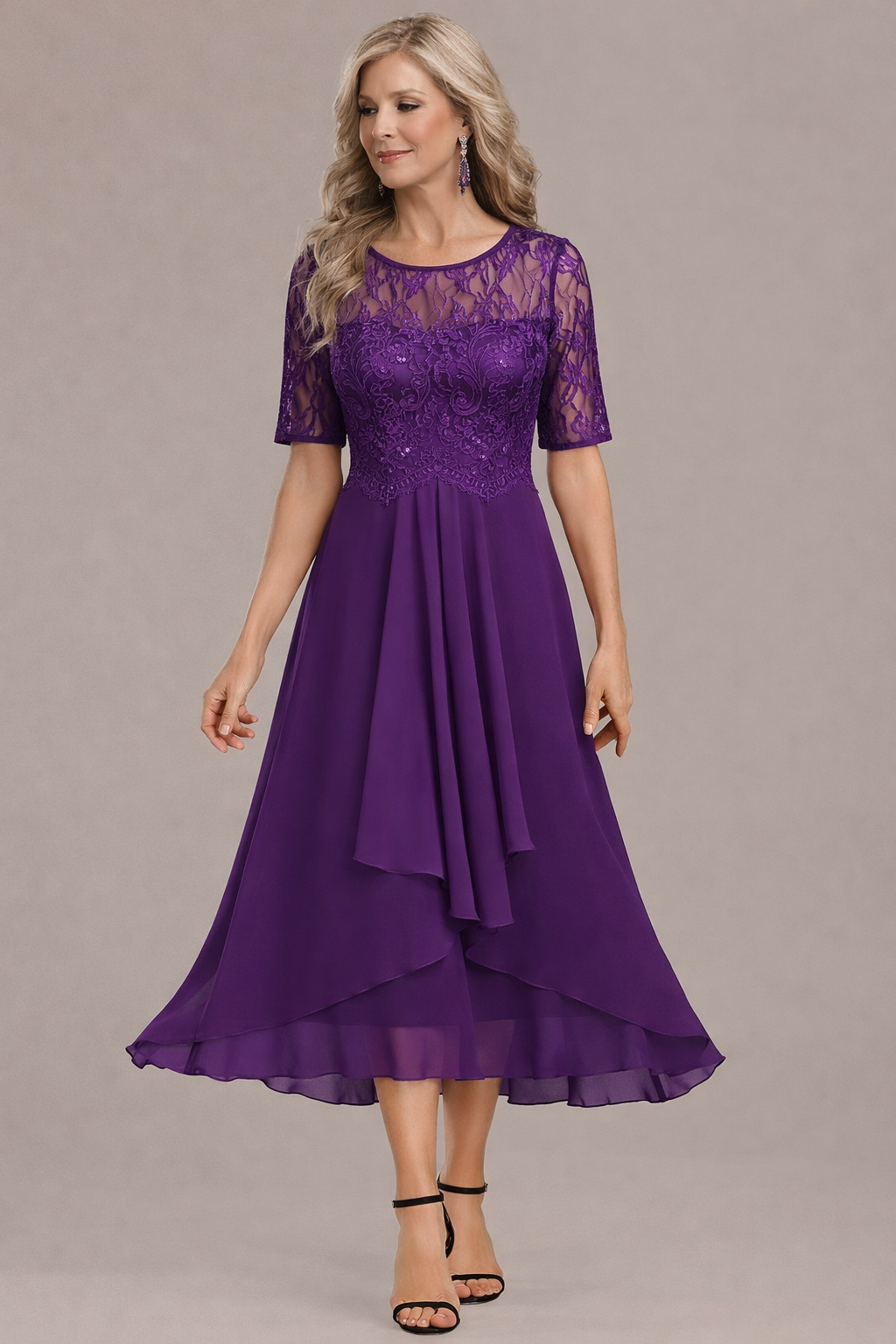 Round Neck Lace Sequin Illusion Sleeve Chiffon A-Line Midi Dress