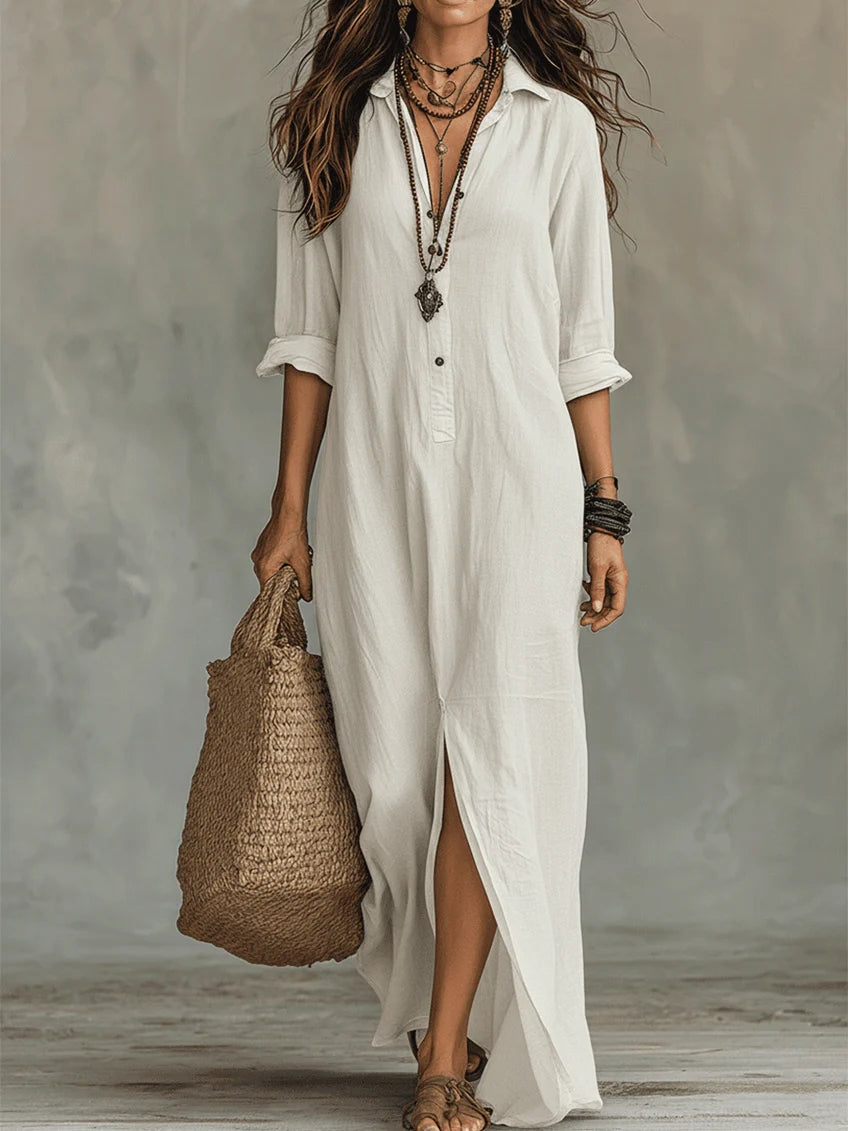 Collared Button Front Long Sleeve Linen Shirt Maxi Dress