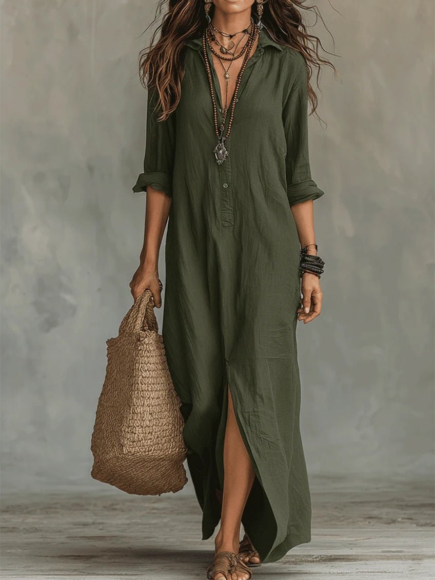 Collared Button Front Long Sleeve Linen High Slit Shirt Maxi Dress 3