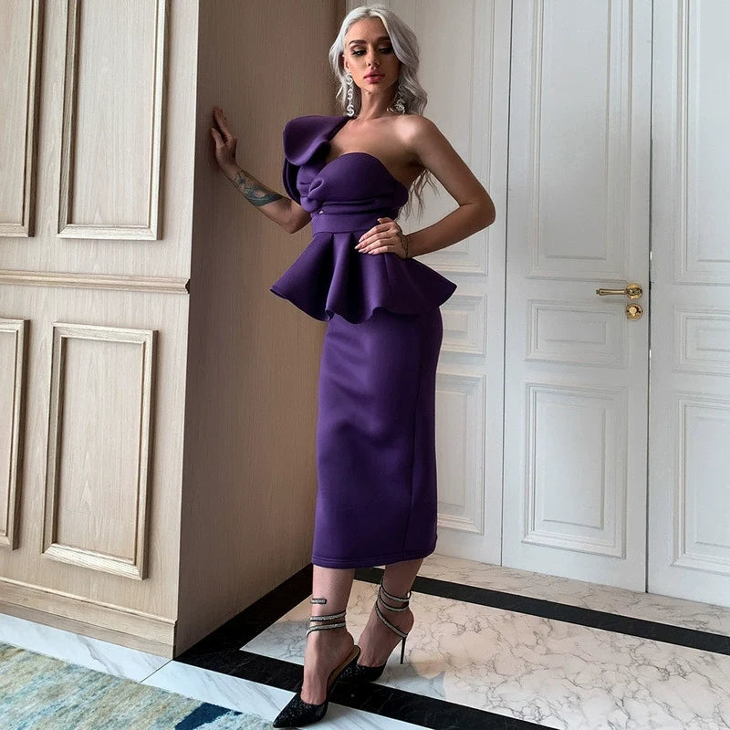 One-Shoulder Ruffle Peplum Bodycon Midi Dress