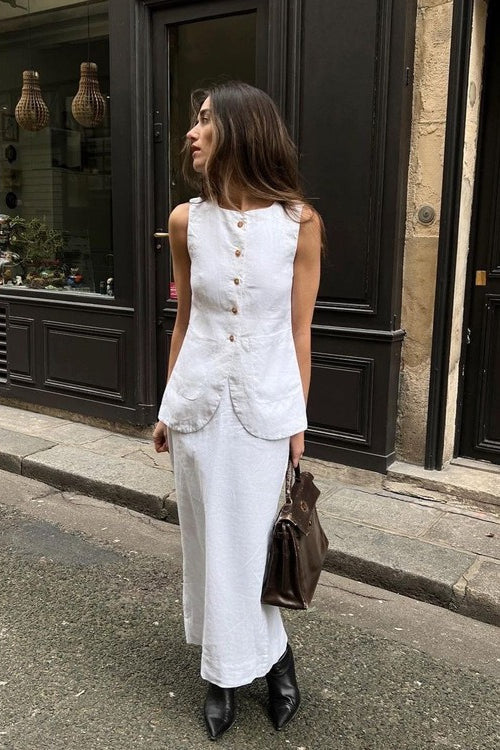 White Square Neck Sleeveless Vest Skirt Work Set