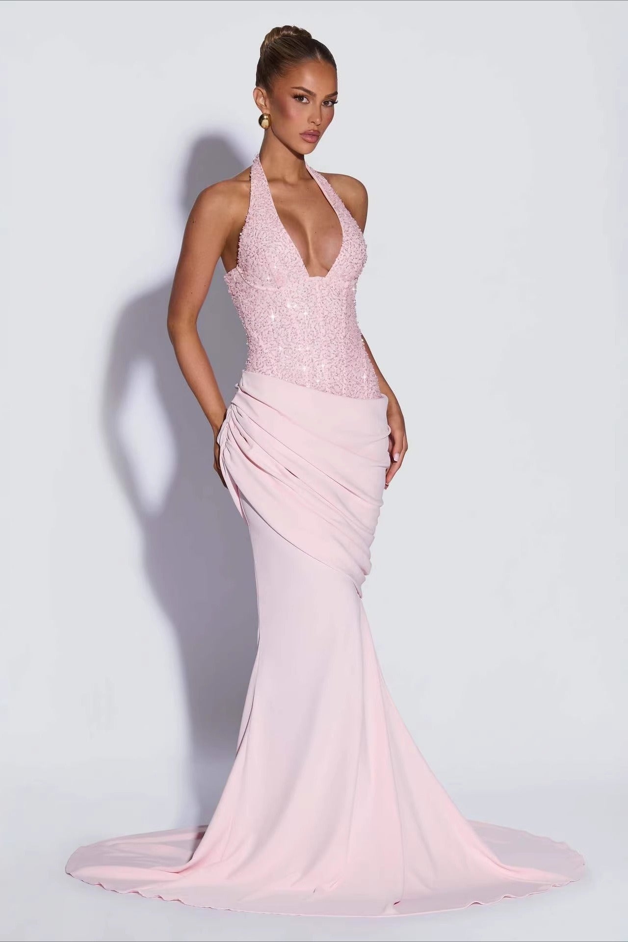 Sequin Patch Halter Deep V Ruched Train Maxi Bodycon Dress