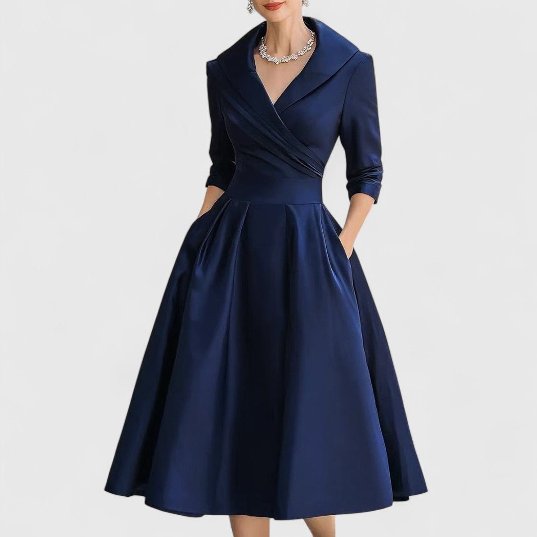 Shawl Collar Surplice V-Neck Satin Pleated A-Line Midi Dress