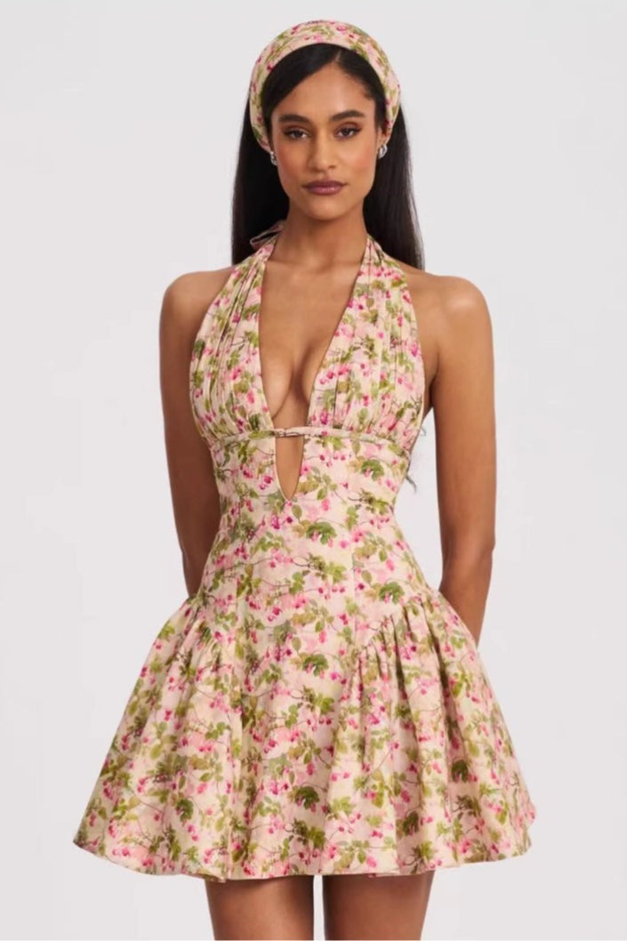 Halter Backless Mini Floral Dress
