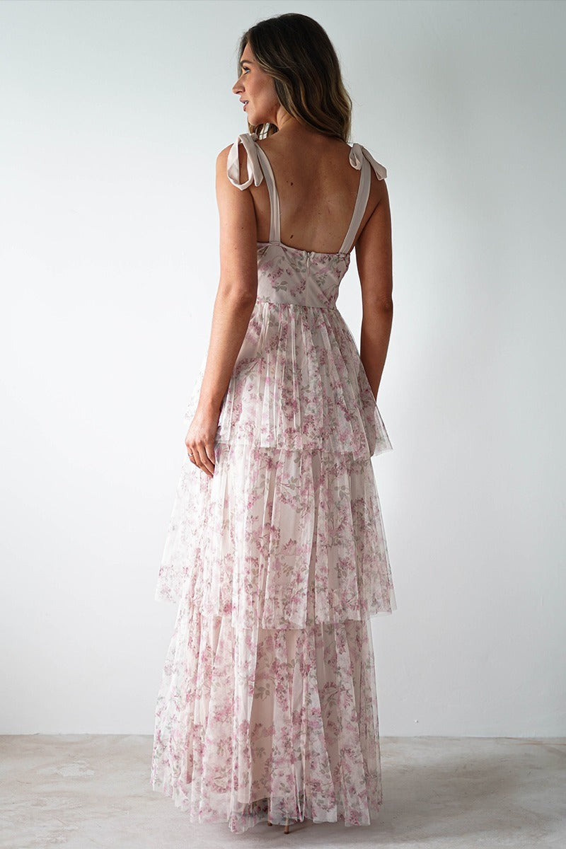 Pink Sweetheart Corset Bow Shoulder Strap Tiered Ruffle Maxi Dress 2