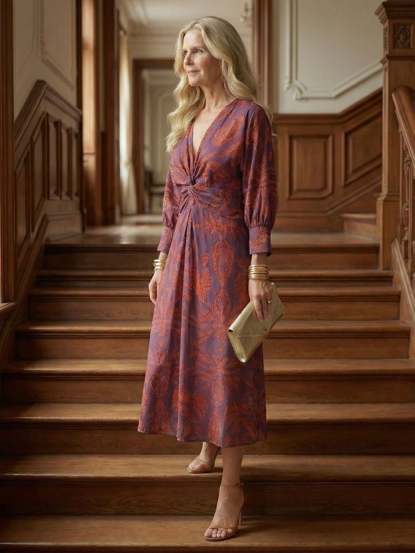V-Neck Twist Front Long Sleeve Abstract Print Sheath Midi Dress