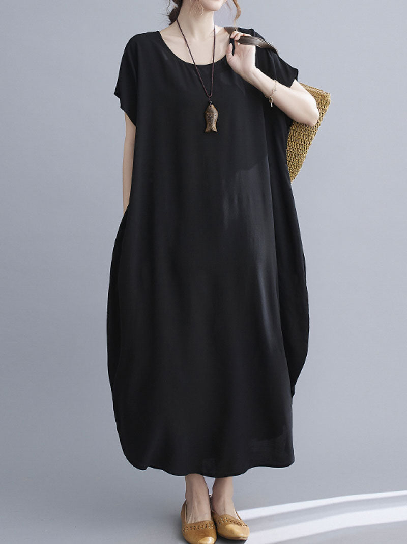 Round Neck Short Sleeve Loose Cocoon Maxi Dress 2