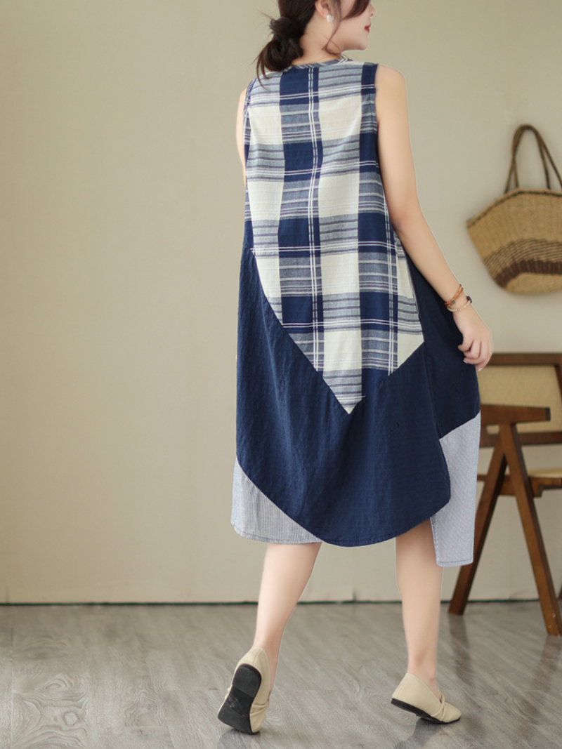 V-Neck Sleeveless Plaid Patchwork Cotton A-Line Midi Dress