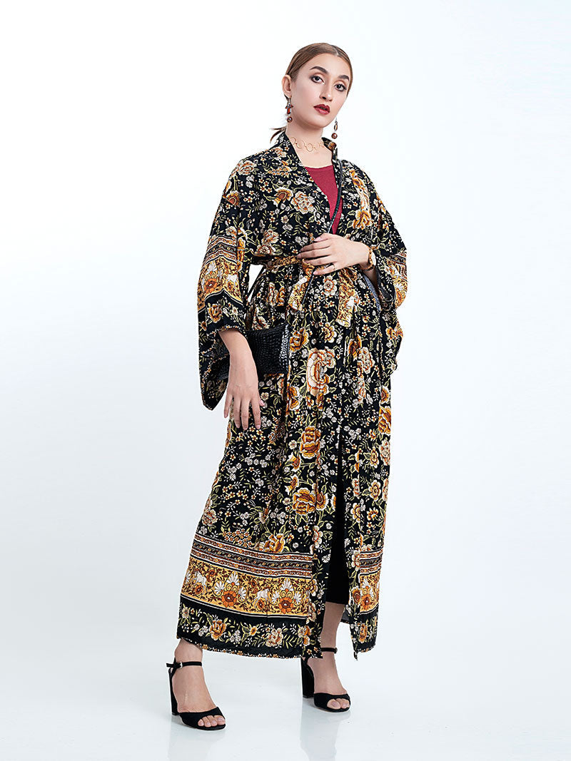Black Baroque Floral Print Border Trim Belted Wide Sleeve Long Kimono