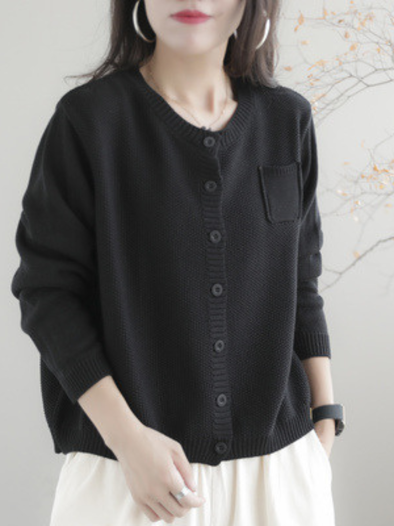 Round Neck Long Sleeve Button Front Patch Pocket Knit Cardigan