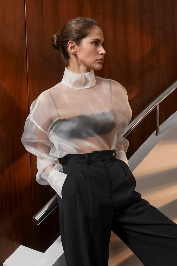 White Mesh Sheer High-Neck Long-Sleeve Blouse
