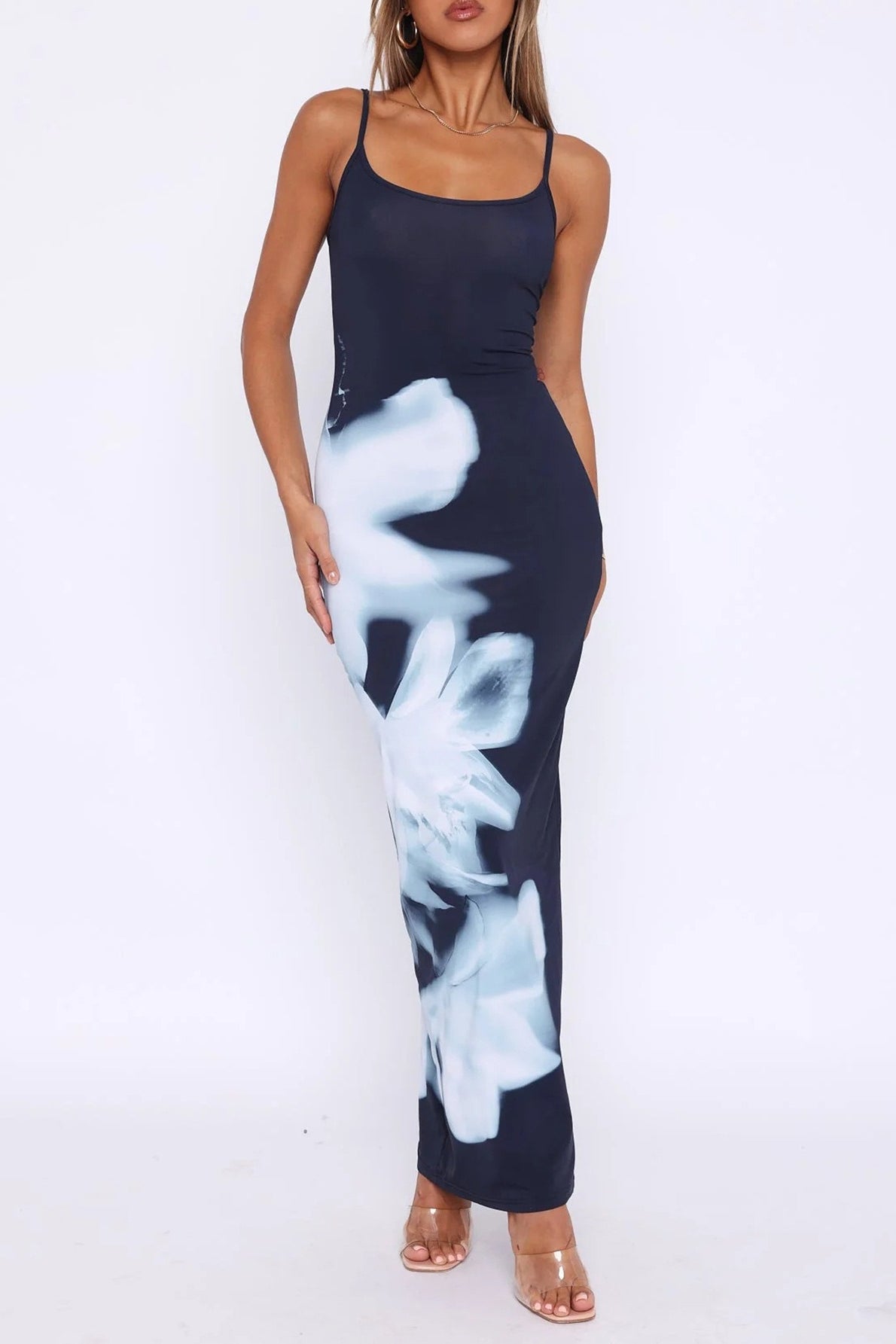 Spaghetti Strap Square Neck Bodycon Abstract Floral Placement Print Maxi Dress 2