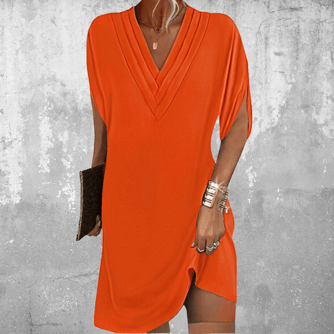 Pleated V-Neck Split Sleeve Loose Shift Mini Dress