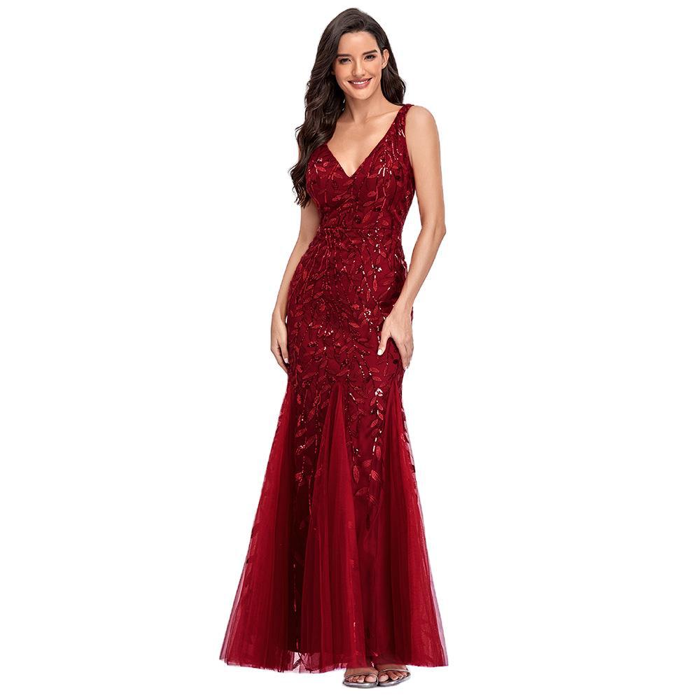 Dress Sleeveless V - neck Embroidery Sequin Slim Fishtail Bridesmaid Evening Dress for