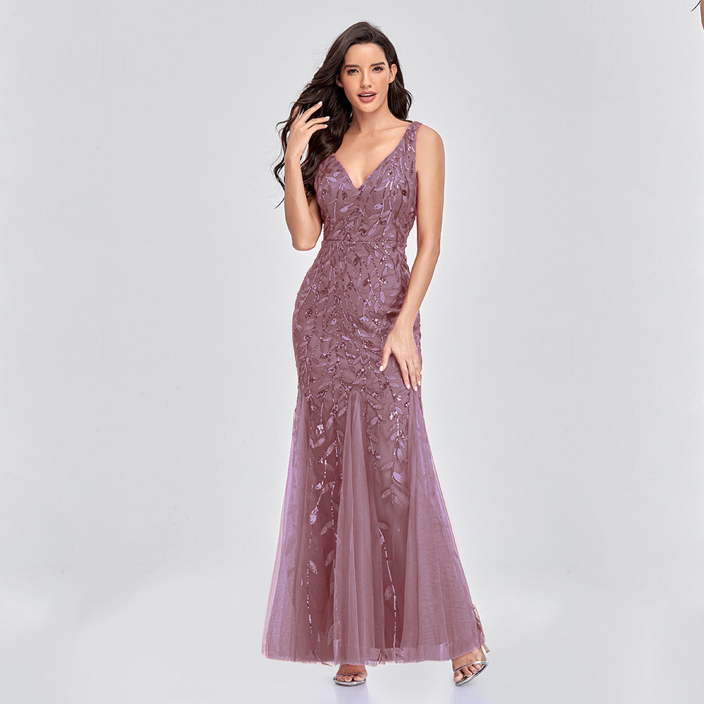 Dress Sleeveless V - neck Embroidery Sequin Slim Fishtail Bridesmaid Evening Dress for