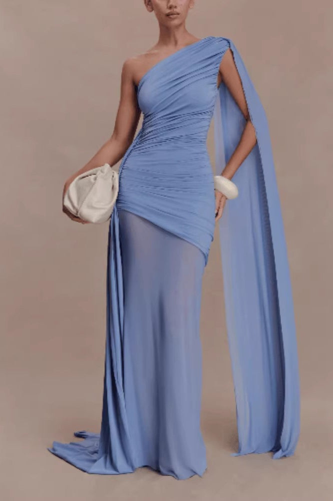 Elegant Mesh Paneled One Shoulder Cape Fitted Party Dress