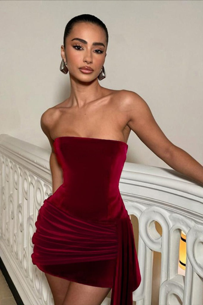 Red Strapless Velvet Bodycon Mini Dress 4