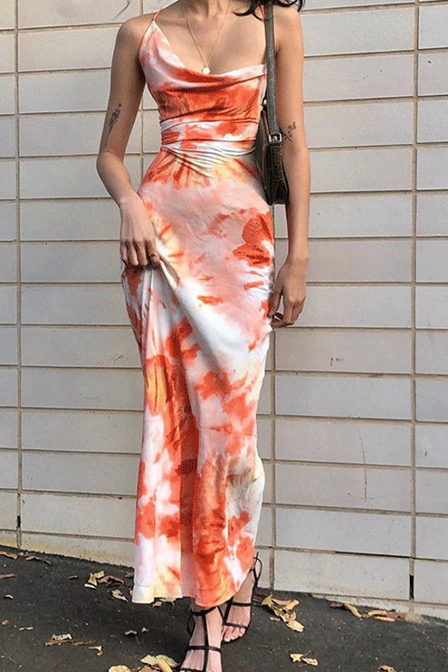 Orange Spaghetti Strap Cowl Neck Spiral Tie Dye Print Bodycon Maxi Dress 6
