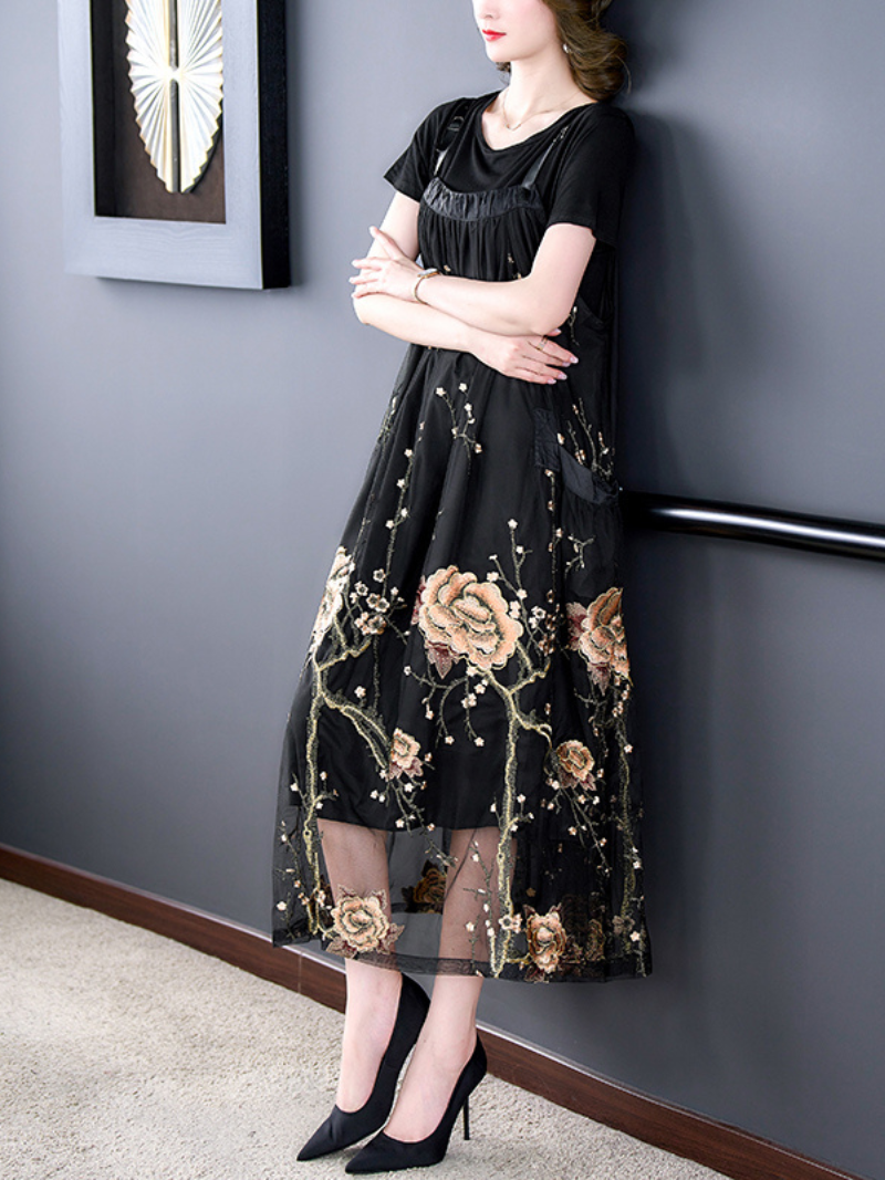 Strap Floral Embroidered Mesh Overall Pinafore Midi Dress