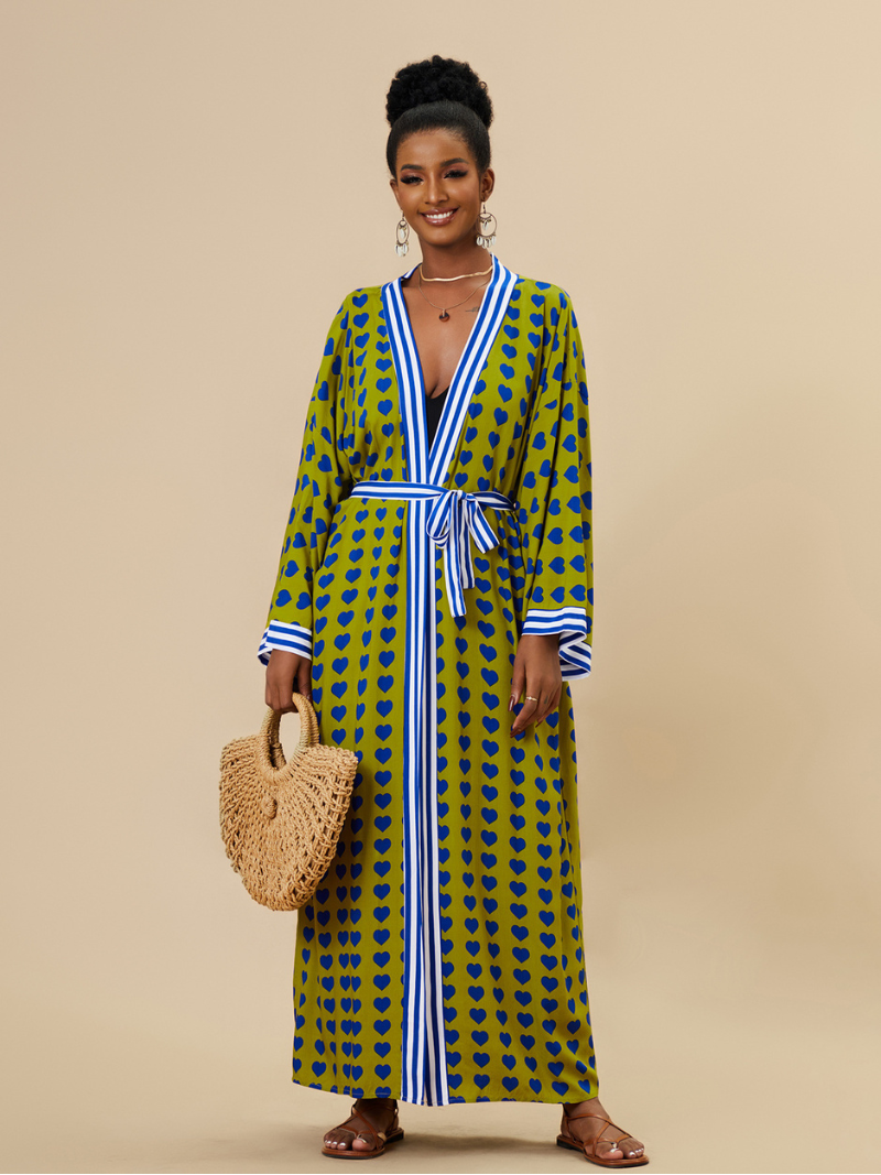 Zebra Print Contrast Trim Tie Waist Long Kimono