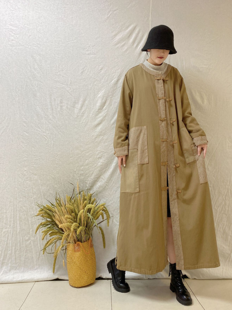 Stand Collar Frog Button Patch Pocket Long Coat 2