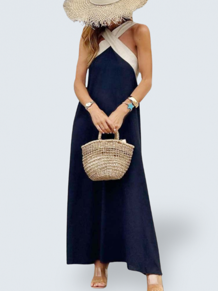 Cross Front Halter Neck Colorblock Sleeveless A-Line Maxi Dress