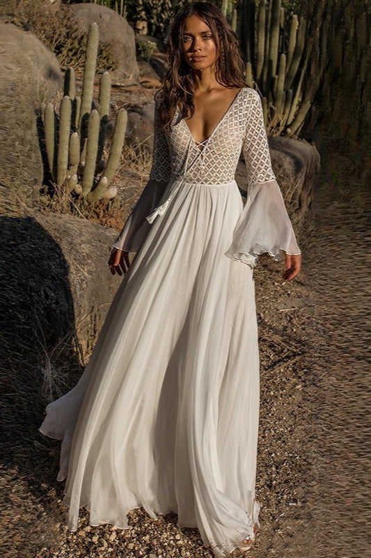 White Deep V Neck Crochet Bodice Bell Sleeve Pleated Maxi Dress