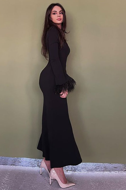 Black Feather Trim Bodycon Maxi Sweater Dress 2