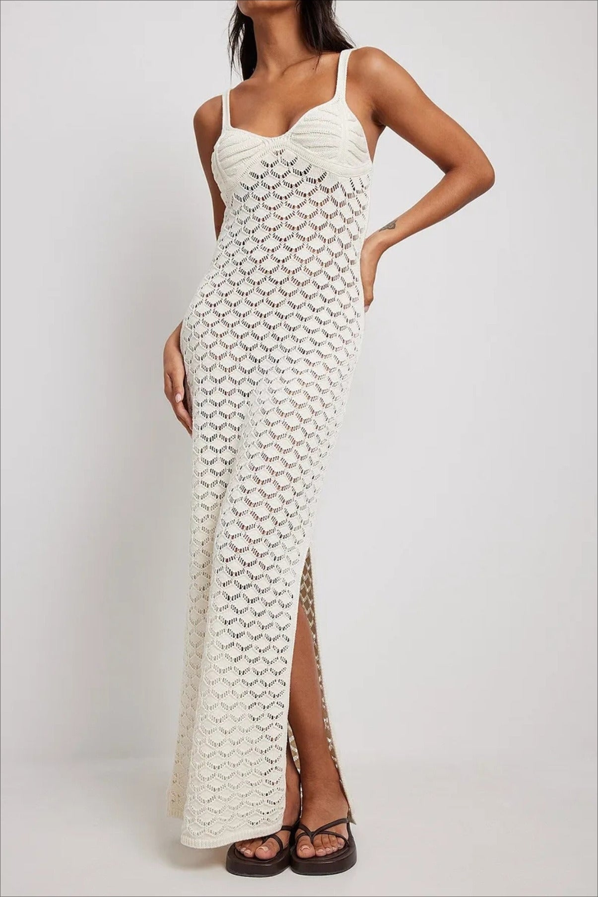 White Spaghetti Strap Sweetheart Crochet Knit Side Slit Maxi Dress 3