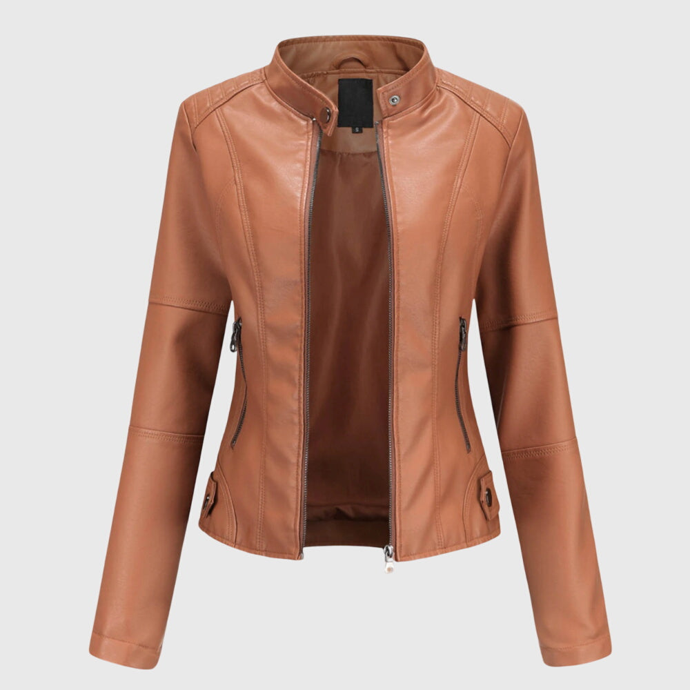 Stand Collar Faux Leather Zip-Front Fitted Moto Jacket 3