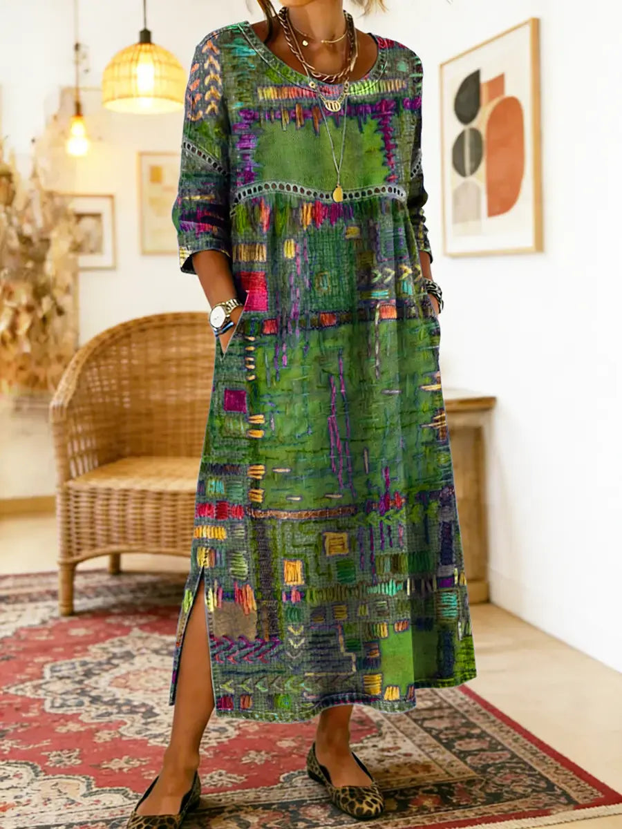 Round Neck Abstract Patchwork Print Long Sleeve Side Slit Maxi Dress